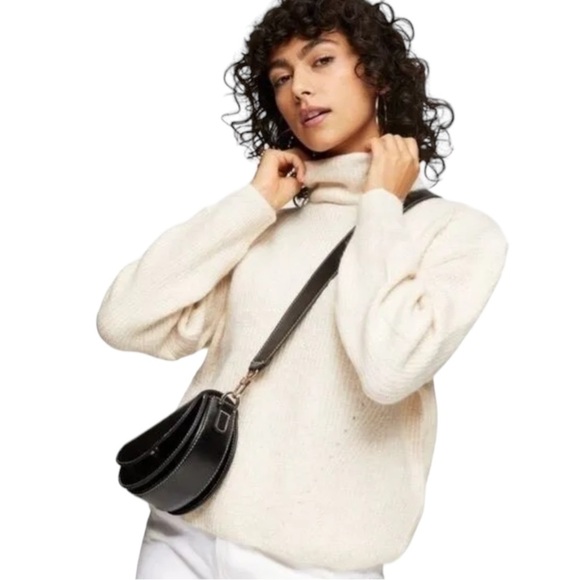 TOPSHOP  Mock Neck Oatmeal Neutral Puff Drop Sleeve Soft Wool Blend Sweater - Picture 1 of 15